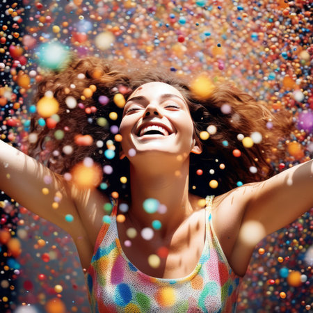 portrait of happy woman with confetti on headの素材