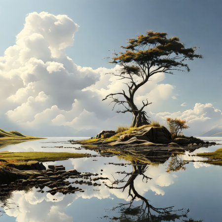 beautiful landscape with a lake and treeの素材