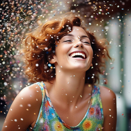 young woman with colorful confettiの素材