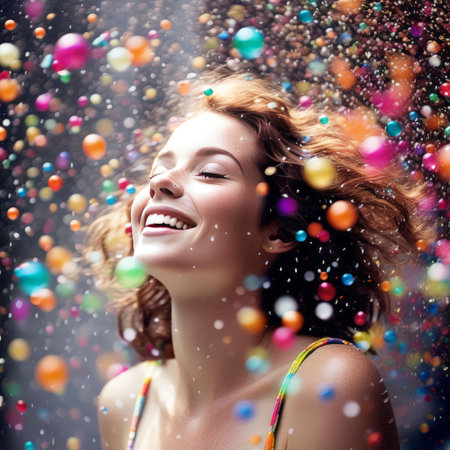 happy woman with colorful balloonsの素材