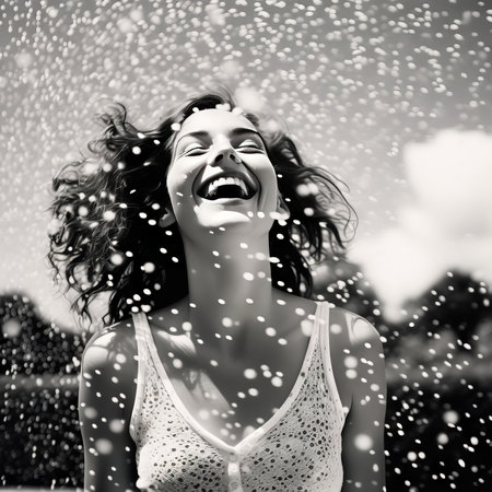 woman laughing and blowing her snow in the air, original photosetの素材