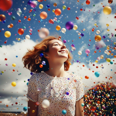 young woman with colorful balloons in the cityの素材