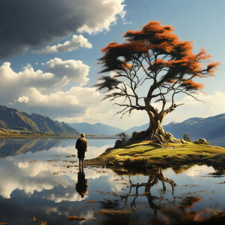 beautiful landscape with a lake in the backgroundの素材