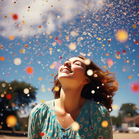 woman blowing on the wind in field.の素材
