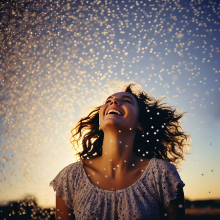 happy young woman enjoying the rainの素材