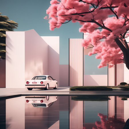 3d render of a pink and white car in the middle, illustrationの素材