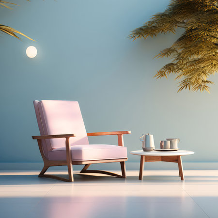 empty living room interior design with wooden floor and coffee tree on background, 3d render, illustrationの素材