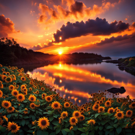 beautiful sunset over the lakeの素材