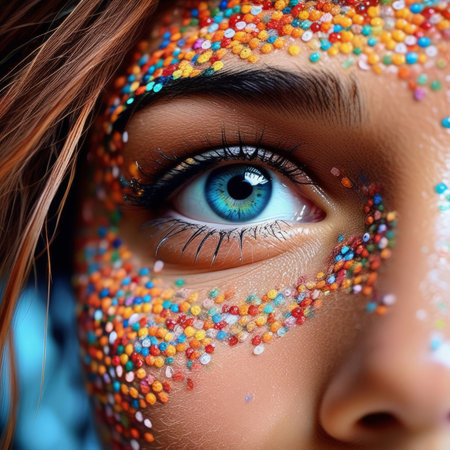 portrait of a young girl with creative makeup and colorful powderの素材