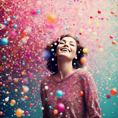 woman with colorful balloonsの素材