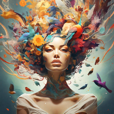 beautiful woman with abstract colorful painting in the studio.の素材