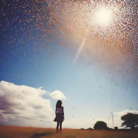 young woman flying kiteの素材