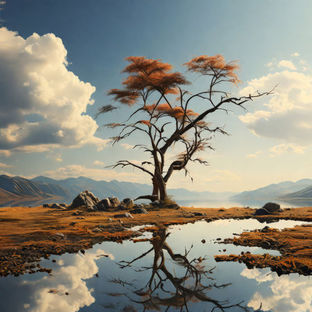 beautiful landscape with a tree and mountainの素材