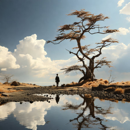 man standing on tree in dry landman landの素材