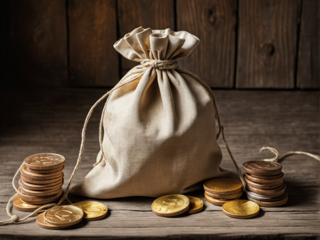 Vintage Beige Fabric Coin Bag with Intricate Quarter Stack Arrangementの素材