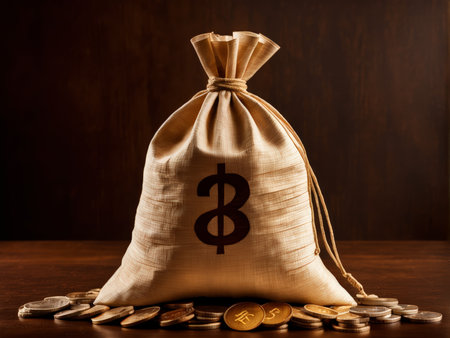 Money Sack Symbolism A Visual Exploration of Wealth Accumulation, Financial Stability, and Economic Prosperity Through Coinage and Investment Growthの素材