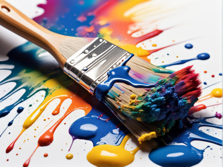 Dynamic Vibrancy A Paintbrush Dripping with Colorful Multicolor Bristles on White Surfaceの素材
