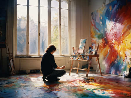 Vibrant Canvas A Kneeling Artist Expressive Journey Through Colorful Splashes and Art Suppliesの素材