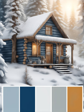 Cabin Fever Dreamscape Snowy Mountain Log Cabin Color Palette Swatches and Winter Interior Design Inspirationの素材