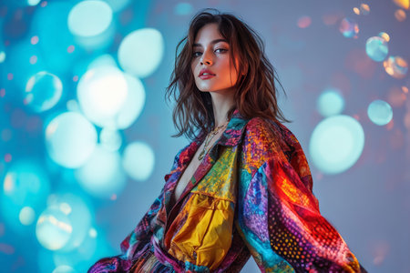 Enchanting Enigma Captivating Portrait of a Woman in Vibrant Colors Amid Blurred Lightsの素材