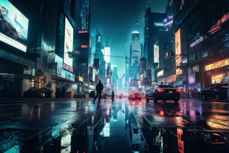 City Canvas Reflective Skyscrapers & Neon Streets - A Darkly Vibrant Urban Night Sceneの素材