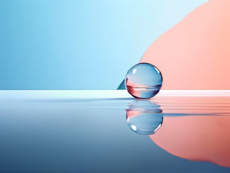 Colorful Reflections Captivating Liquid Droplet Suspended Above Reflective Surface with Accurate Shape Reflection Belowの素材