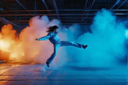 Journey Through Smoke An Intimate View of an Indoor Leaper in a Vibrant Blue Jumpsuitの素材