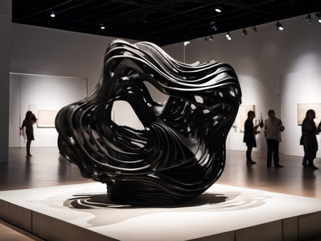 Dynamic Black Sculpture Dominates Centered Gallery Exhibition Amidst Intricate Modern Art Installations and Vibrant Background Paintingsの素材