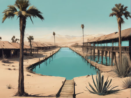 Silent Oasis A Vibrant Desert Painting Featuring Tall Palm Trees Over Water and Clear Skiesの素材