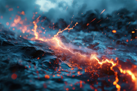 Dynamic Lava Flow Against Ocean Waves A Vibrant Digital Painting Capturing Abstract Energy Through Color Contrast and Fluid Formsの素材
