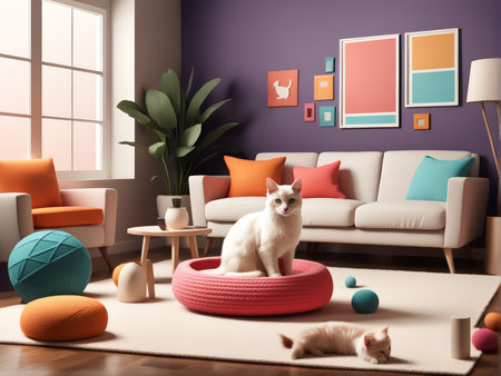 Cozy Living Room Oasis Colorful Cuddle Corner Featuring Modern Artwork and Pet Comfortsの素材