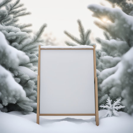 Blank Whiteboard Outside Winter Serenity Preparing for Future Announcementsの素材