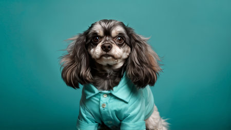 Comical Color Contrast in Animal Portrait A Black, White, Brown Dog Wearing a Blue Shirt with Open Eyes Sitting in Green Backgroundの素材