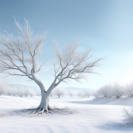 Snowy Landscape A Majestic Tree Dressed in White on a Blanket of Winter Whiteの素材