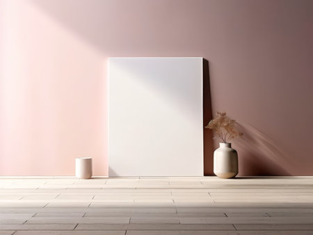 Minimalist Ambiance An Elegant Showroom Featuring a Large Blank Canvas, Dried Flowers, and Simple Beautyの素材