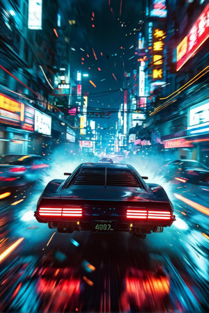 Neon Night Thrill Sleek Futuristic Car Blazes Through City Streets at Midnight - Science Fiction Urban Ambienceの素材