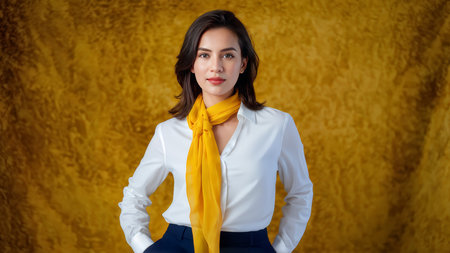 Vintage Portrait Edited with AI Enhancements A Woman in White Blouse Against Ochre Backgroundの素材