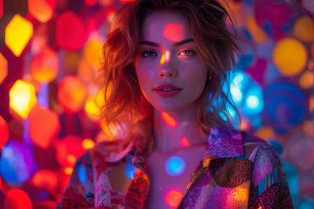 Enchanting Glow A Radiant Woman in Vibrant Red Hair Illuminated by Colorful Lights and Intricate Blouse Patternsの素材