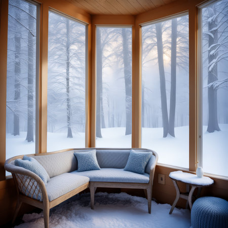 Indoor Oasis A Cozy Winter Retreat with Snowy Views and Warm Wood Accentsの素材