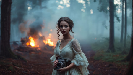 Vintage Camera Captures the Essence of Photography Beauty, Sadness, and Determination Amidst the Wild Chaos of a Forest Fireの素材