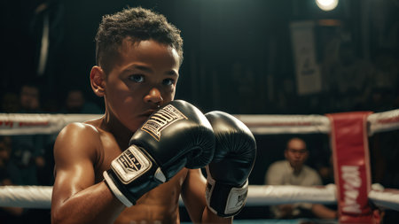 Jaw-Throwing Determination A Young Boxer Pre-Fight Preparation Inside an Old-Timey Darkened Ringの素材