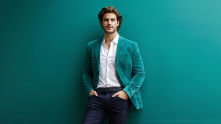 Confident Posing Man in Green Velvet Blazer and White Shirt Against Wall for Photography Session - Teal Blue Backgroundの素材