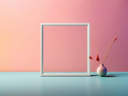 Minimalist Modern Composition A Teal Frame Surrounding Flowers in Pink Backgroundの素材