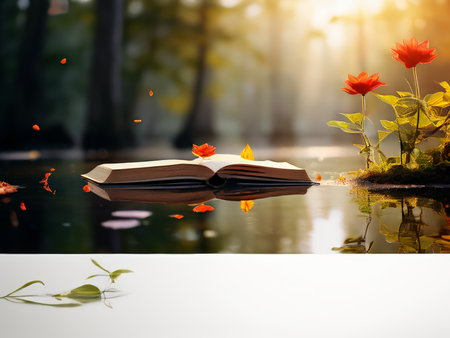 Nature in Verse A Literary Reflection of Red Leaves Floating Over Water, Reflecting Trees and Flowers in Artistic Mergerの素材