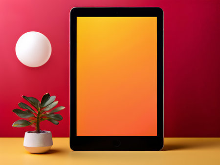 Radiant Contrast A Vibrant Tabletop Scene Featuring Orange Display Tablet, White Spheres, Green Plant, and Red Backgroundの素材