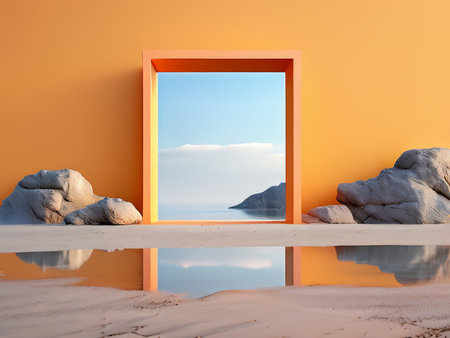 Island Oasis A Vibrant Orange Frame Reflecting Serene Waters and Clear Skiesの素材