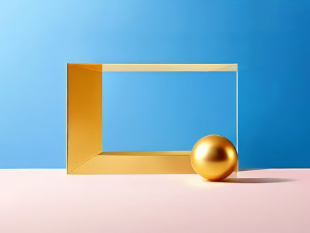 Reflective Golden Object Set Against Vibrant Blue and Pink Background Minimalist Design with Ambient Lightingの素材