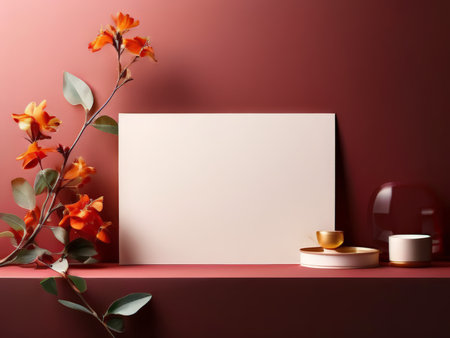 Vibrant Still Life A Harmonious Composition Against Red Walls Featuring a Blank White Board and Ornate Decorの素材