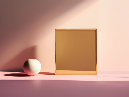 Vintage Beauty A Golden Framed Picture Adjacent to a Vibrant Pink Surface and a Stylishly Ball-Shaped Objectの素材