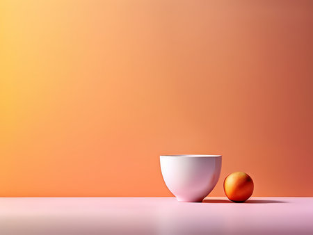 Silken White Bowl Artfully Set Among Vibrant Pink Surface and Orange Ball in Soft Red-Yellow Gradient Backgroundの素材